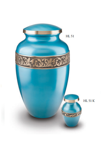 Urn set, blue, matt finish lacquer, band in gilded brass and flower decoration