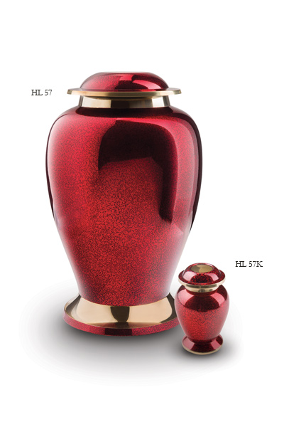 Urn set, red brass with gold band on base and cover.