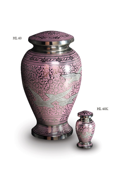 Urn set, silver colour, with pink bird decoration.
