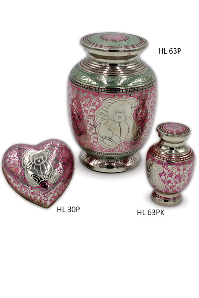 Urn set for child’s ashes, silver colour, with red engraving and blue teddy bear print.