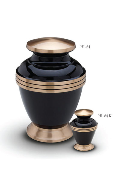 Urn set, black, with band, base and lid in gilded brass. 