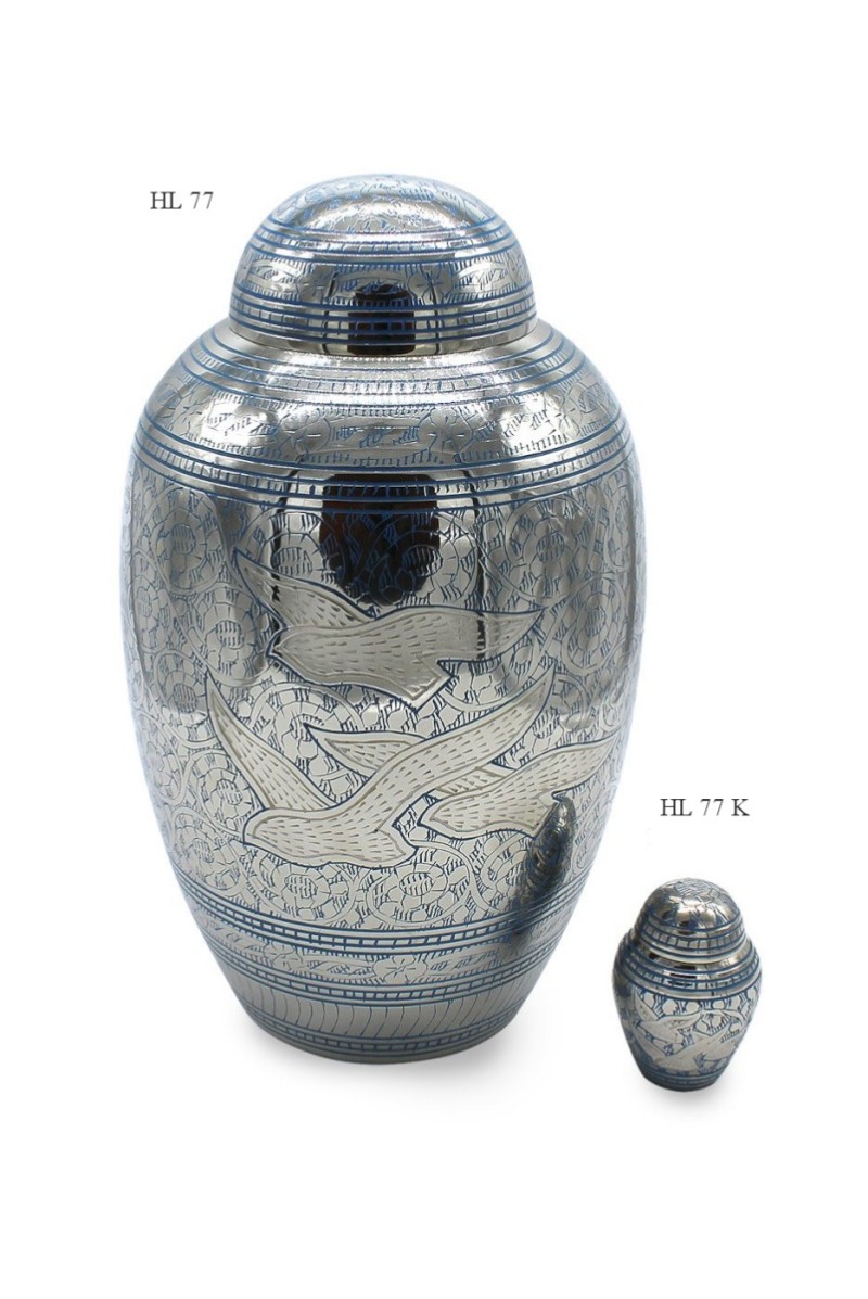 Urn set, Brass Silver dome shaped urn with Doves in Flight design.